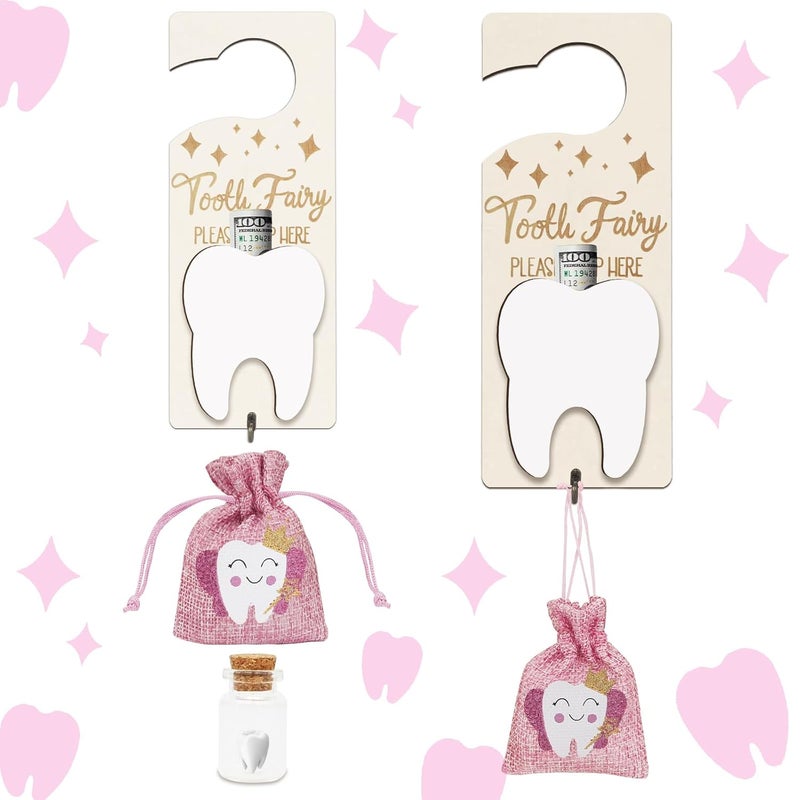 AINBIN Tooth Fairy Tooth Holder, Tooth Fairy Door Hanger with Money Slot, Keepsake Bottle & Burlap Pouch for Lost Teeth, Encourage Gift for Boys Girls, Pink - Image 1
